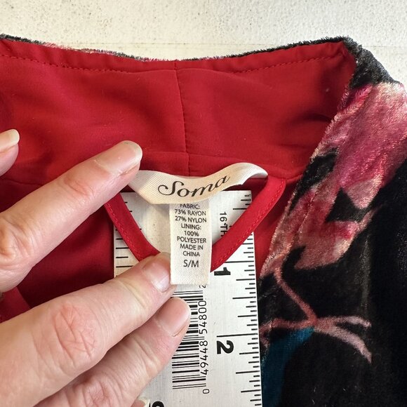 Soma Womens Velvet Floral Kimono Robe Red Lining  Tie Medium Pockets Knee Length - Picture 6 of 8